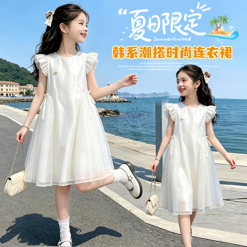 夏季女童甜美小飞袖连衣裙蝴蝶结