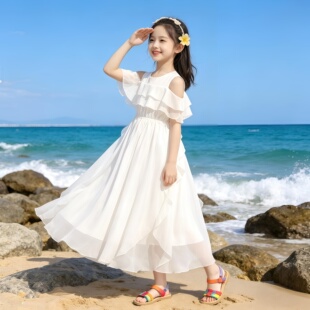 女童连衣裙2026年新款夏装洋气时髦中大童韩版甜美露肩雪纺连衣裙