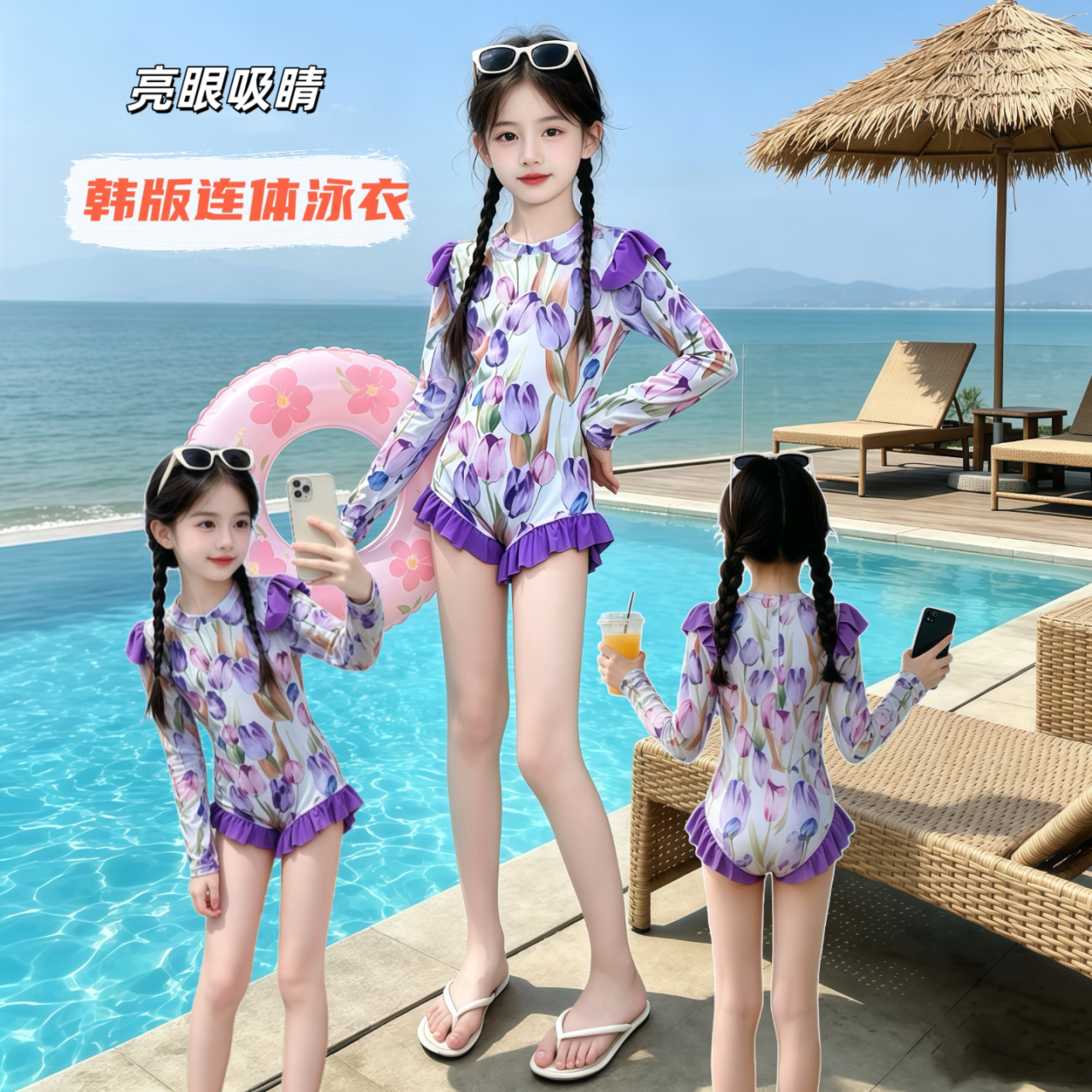 韩版女童长袖碎花连体泳衣2026新款防晒速干郁金香连体花边游泳装