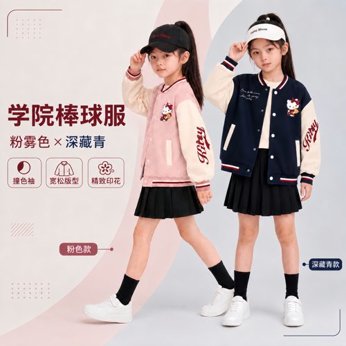 春秋复古学院风撞色棒球服女大童