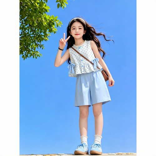 2026夏季韩版甜美波点女童两件套