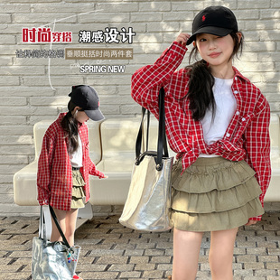 MPW棉布蛋糕裙女童半身裙2026新款春夏装儿童百搭裙子大童格子衫