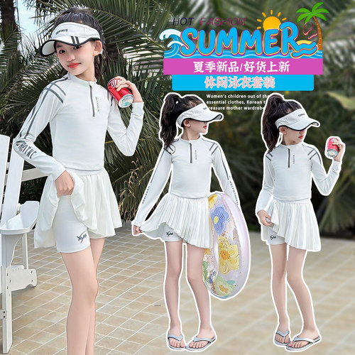 夏季女童分体泳衣百褶裙含胸垫