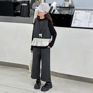 女童套装 韩系花边马甲外出潮流女宝宝宽松三件套 2025春秋新款