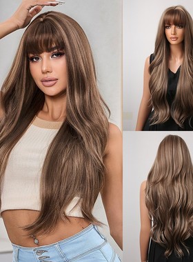 欧美外贸热销假发 齐刘海大波浪长卷发渐变棕高温丝化纤假发头套