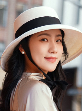 秋印绑带遮阳帽度假典雅女夏