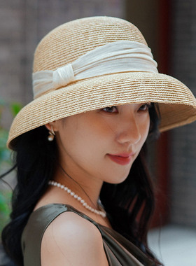 秋印 罗马假日 钟形拉菲草轻奢草帽子女夏真丝麻防晒度假遮阳帽子