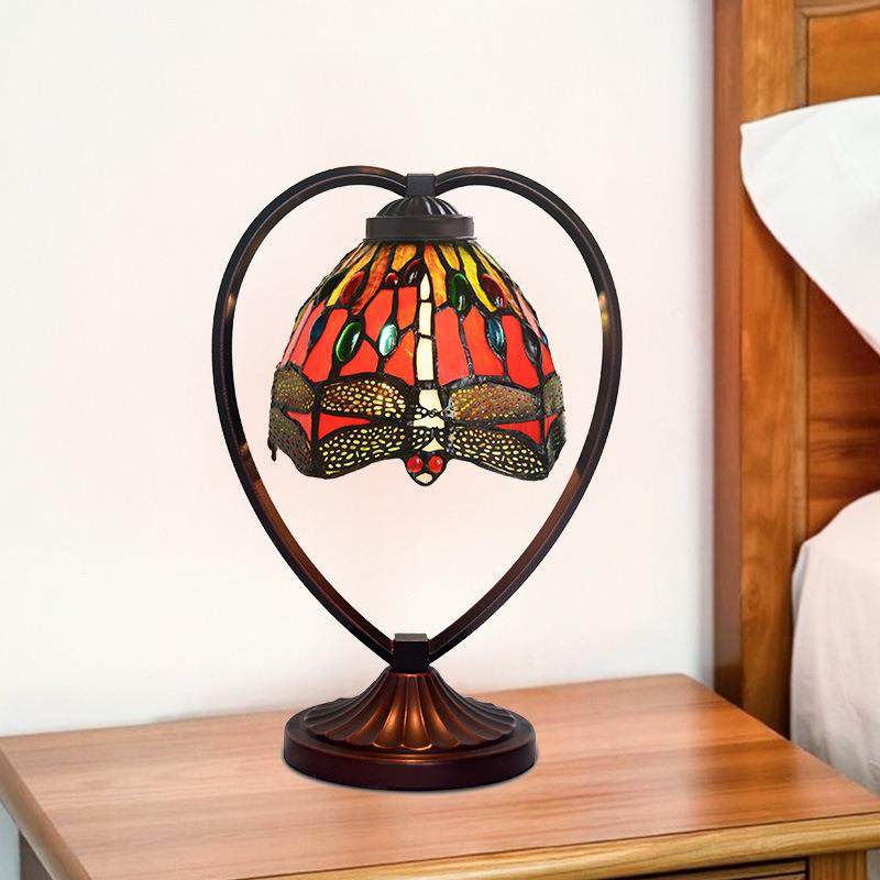 厂家直销7寸红色蜻蜓帝凡尼彩色玻璃艺术装饰心形台灯