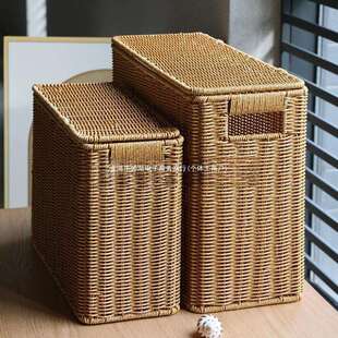 窄高型带盖收纳箱家用缝隙杂志筐藤编墙角沙发边角储物盒