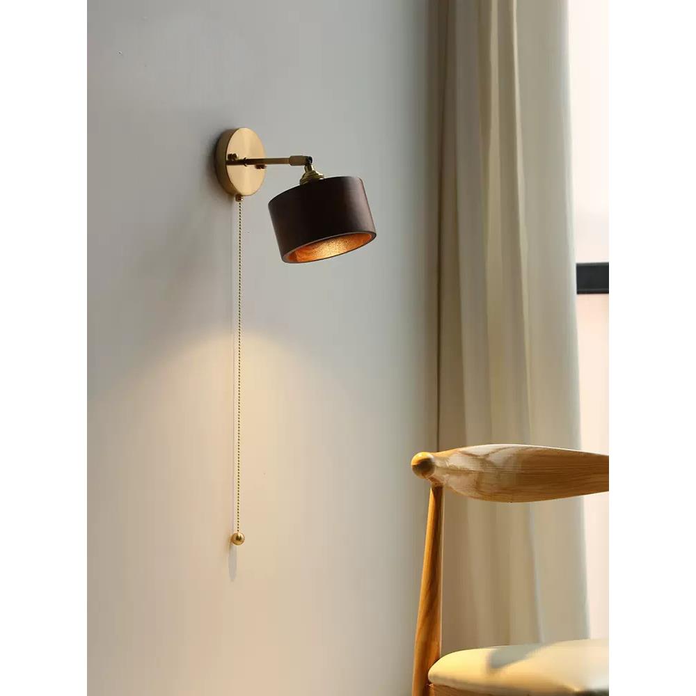 北美黑胡桃木壁灯日式卧室床头北欧民宿带开关拉绳阅读小壁灯仿古