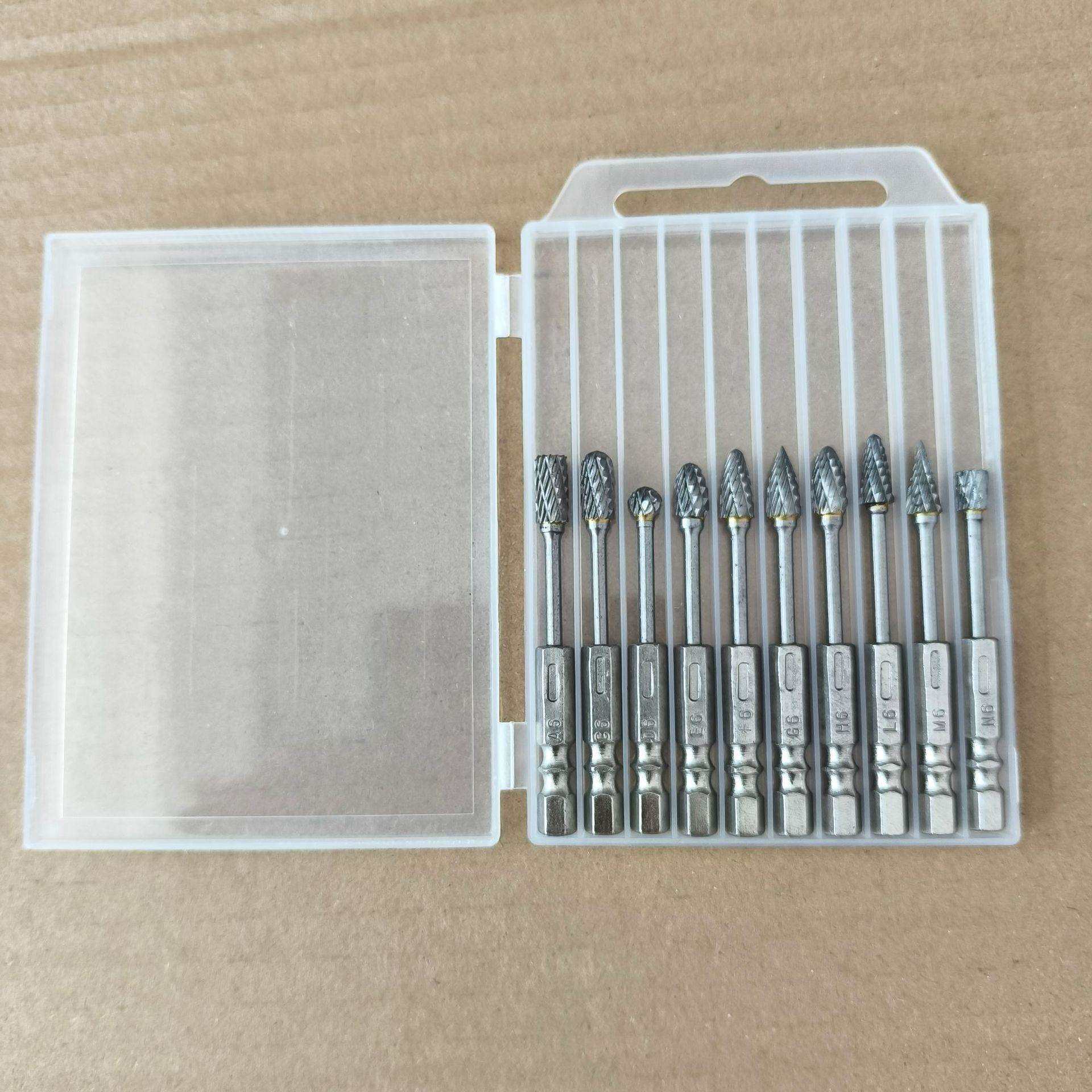 10pc塑盒镀钛六角柄加长硬质合金旋转锉 双纹钨钢磨头旋转锉