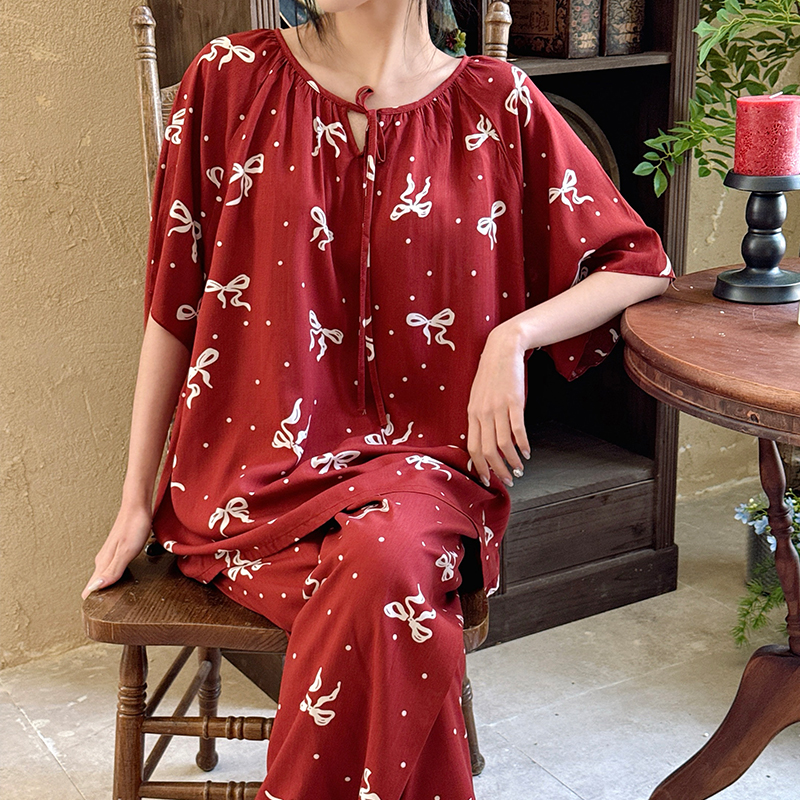 女士国风蝴蝶结甜美棉绸套装