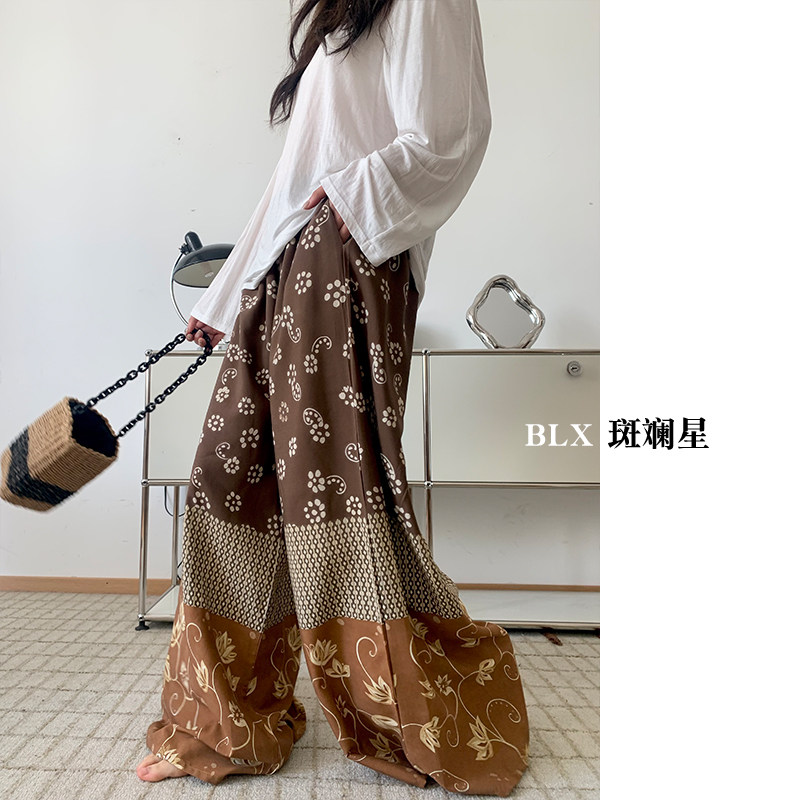 民族风定位花裙裤旅游度假阔腿裤女夏棉绸双口袋大裤腿防晒防蚊裤