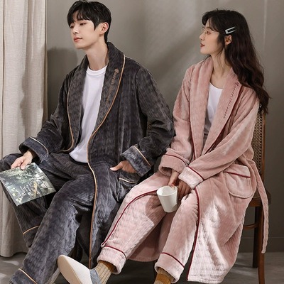 睡袍冬款女法兰绒大码秋冬季情侣浴袍加绒加厚长裤珊瑚绒男士睡衣