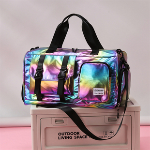炫彩珠光亮面旅行包大容量可扩展手提行李包休闲运动健身包女鞋 位