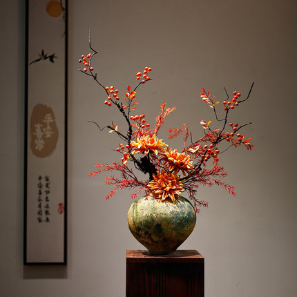 新中式手工陶瓷花瓶摆件仿真插花禅意宋式中古风玄关民宿酒店装饰