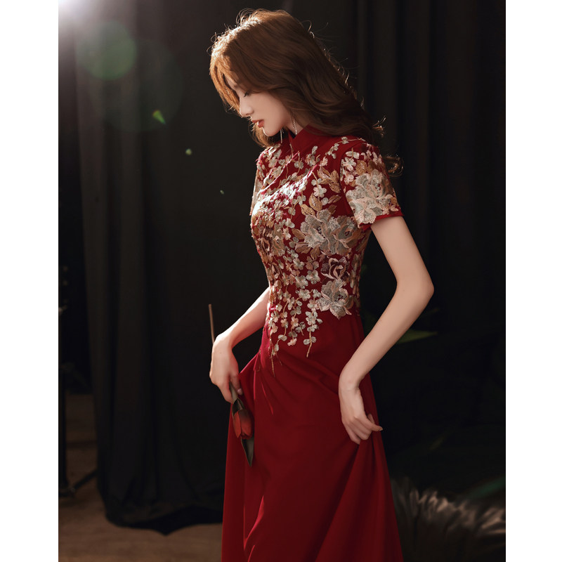 旗袍敬酒服新娘2020新款酒红色结婚礼服女中国风秋季长款平时可穿