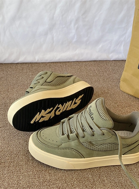 原创复古米绿色面包鞋男ins潮2026春季新款情侣百搭运动休闲板鞋