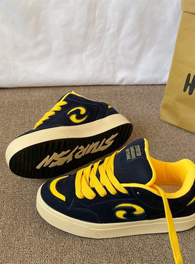 港风复古深蓝黄拼色面包鞋男ins潮2026春季新款情侣百搭休闲板鞋