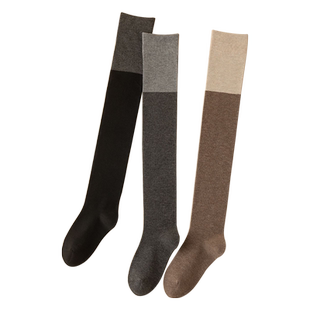 袜子女长筒过膝秋冬季高腿袜黑灰拼接小腿袜jk搭配乐福鞋的及膝袜