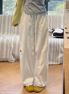 白色工装裤女款小个子直筒休闲裤子大尺码胖mm显瘦阔腿裤梨形报恩