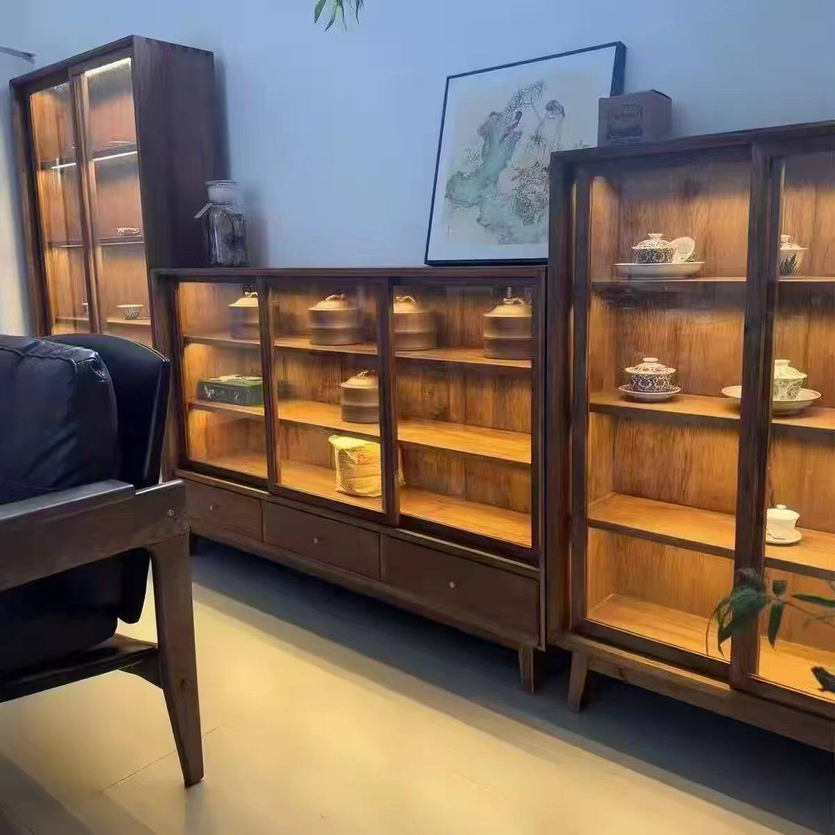 榆木博古架实木展示柜中古风收纳柜免安装榫卯结构茶室置物架