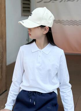 儿童polo衫长袖2025春季翻领纯色白色运动女童T恤上衣班服学院风