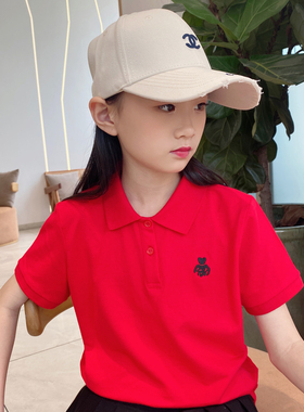 夏季红色儿童POLO衫女童短袖t恤纯棉透气翻领半袖POLO领女孩上衣