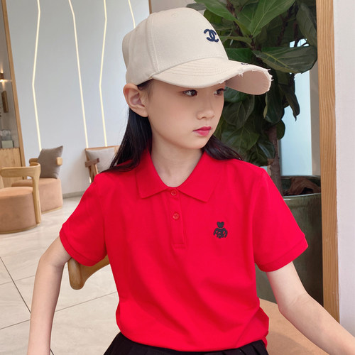 翻领女童短袖红色t恤纯棉透气好