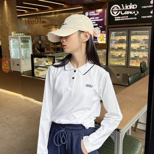 春秋新款女童长袖POLO衫白儿童翻领t恤2026中大童学院风有领上衣