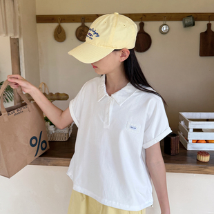 女童短款纯白色POLO衫翻领儿童短袖t恤2026夏装新宽松体恤中大童