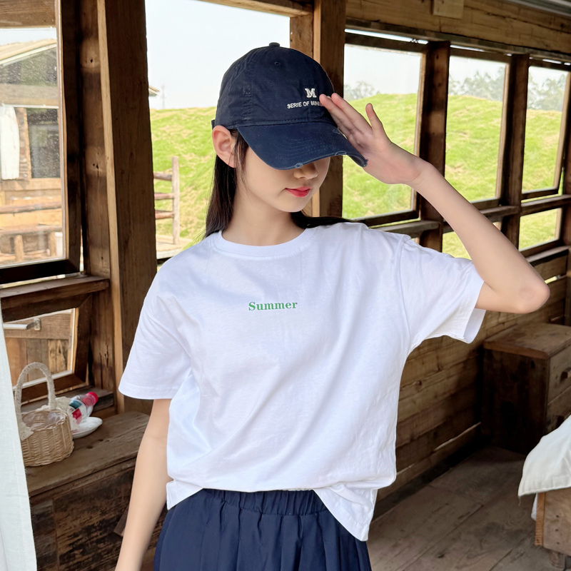 女童白色短袖t恤中大童洋气百搭