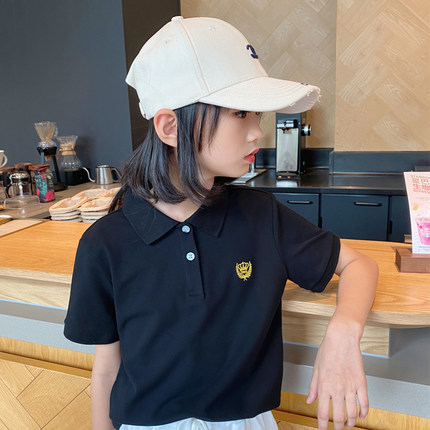 2025夏季黑色儿童POLO衫女童短袖t恤纯棉休闲有领子POLO领T恤百搭
