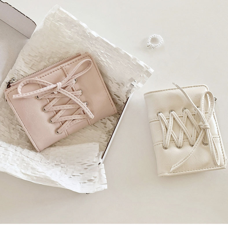 韩版新款简约百搭蝴蝶结绑带拉链搭扣两折小巧精致学生短款钱包女