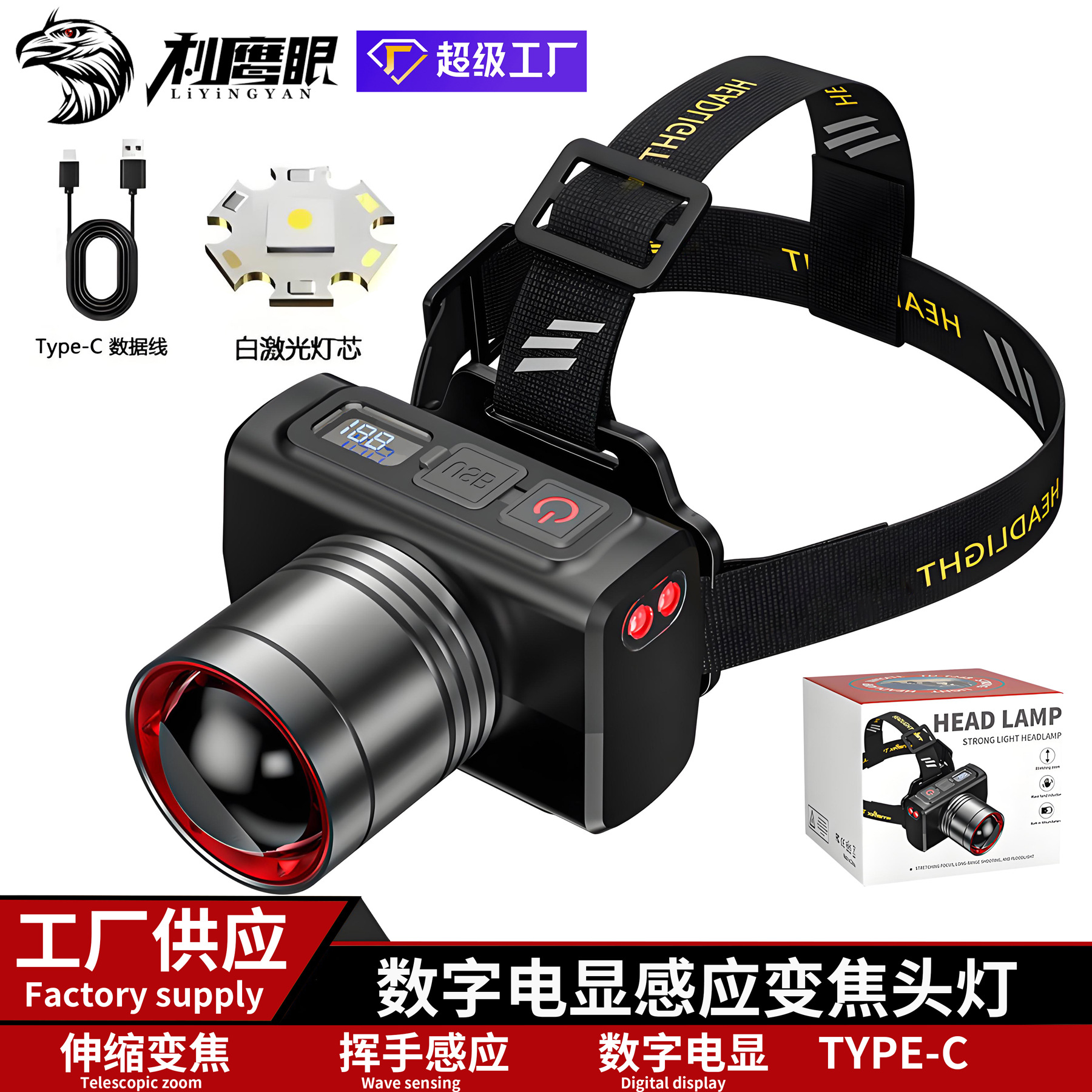 户外强光充电头灯感应带数显变焦