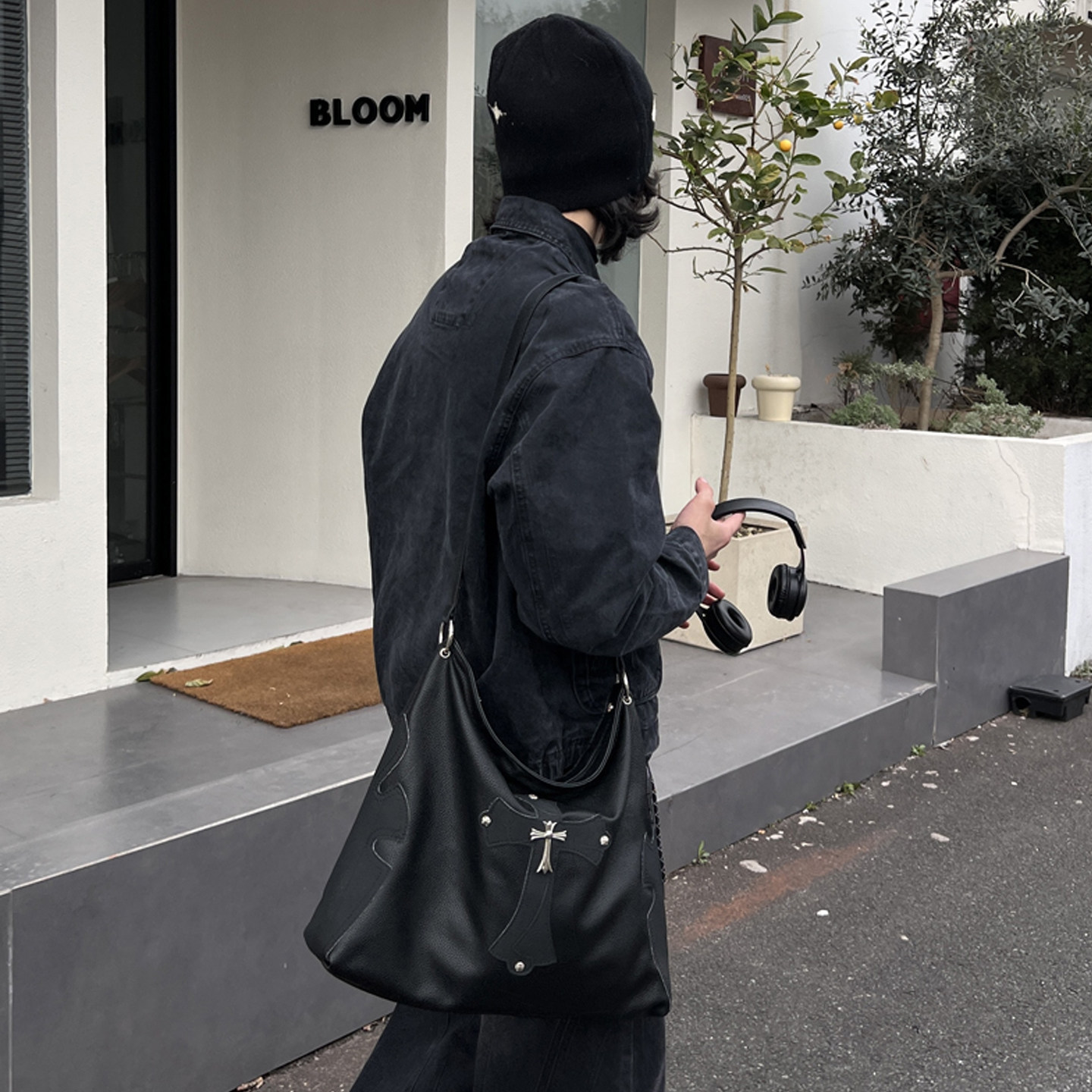 NIN暗黑系原宿复古单肩腋下托特包ins街头男女手提皮质hobo港风包