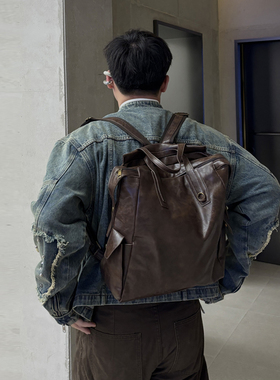 NIN设计款ins复古双肩包英伦包男女大容量街头皮质通勤学生书包潮