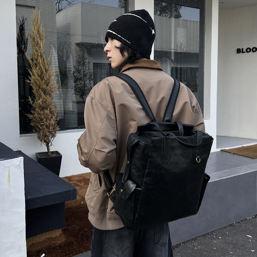 NIN皮质复古双肩包大容量中性风日系通勤百搭手提学生男女书包潮