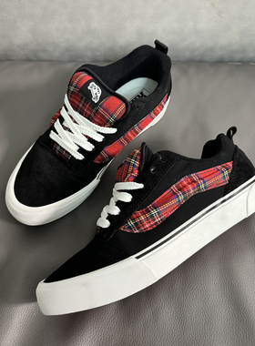 Classics Knu Skool胖胖面包鞋苏格兰格纹红条黑色复古休闲板鞋