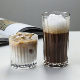 拿铁冰咖啡杯冷萃古典复古家用水杯条纹玻璃杯子 ins风咖啡馆美式