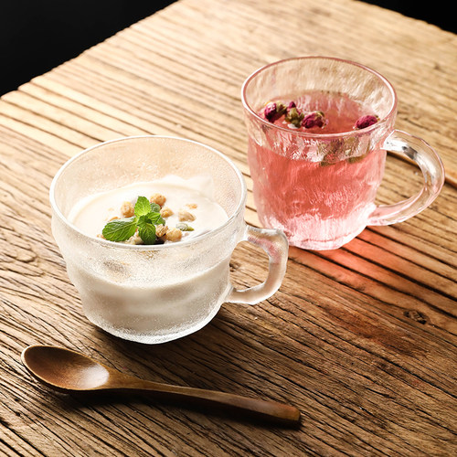 网红冰川纹玻璃杯子手柄磨砂茶杯