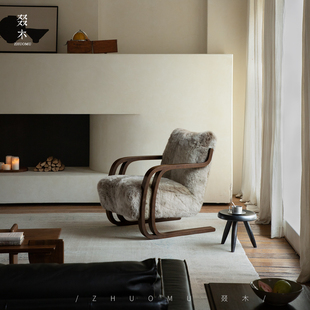 中古复古风实木长羊毛设计师款 客厅阳台休闲沙发单人椅 法式 叕木