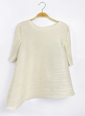 天基础款2024夏季休闲风日韩休闲套头圆领宽松型女式t恤褶皱上衣