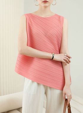 春之色卡2022夏季小香风褶皱清新靓丽休闲风个性时尚无袖斜T