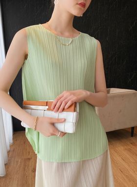 春之2023夏季新款高端褶皱ins风大码宽松休闲百搭无袖显瘦T恤