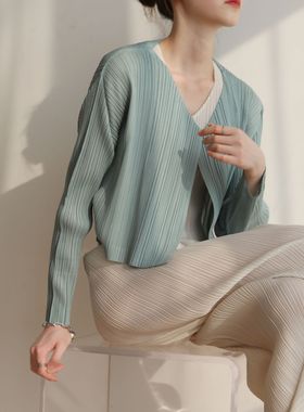 春之2022秋春ins风皱褶开衫百搭基础薄款PP纯色修身长袖外套