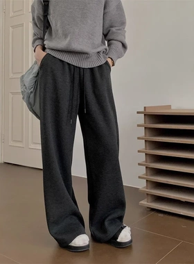 秋冬人字纹加厚热汤裤女冬季韩系慵懒风高腰直筒加绒保暖阔腿裤