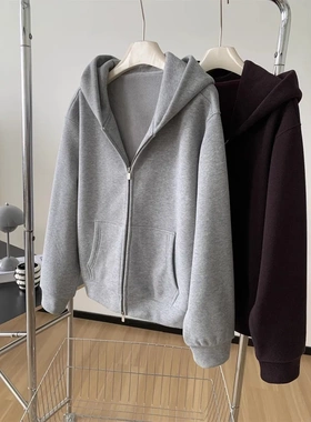 高克重摇粒绒卫衣外套女慵懒韩系大版连帽拉链开衫冬季加绒外套