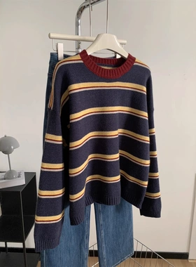 显白复古藏青条纹套头毛衣女松弛感秋冬韩系百搭加厚保暖针织衫