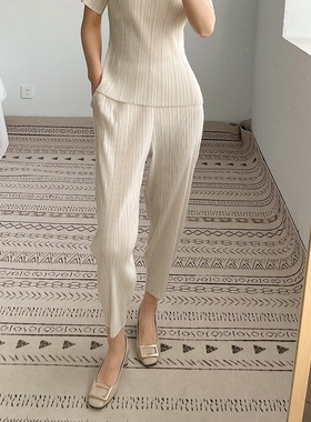 褶皱裤子直筒裤女宽松显瘦哈伦裤夏季新款小脚休闲高腰九分裤